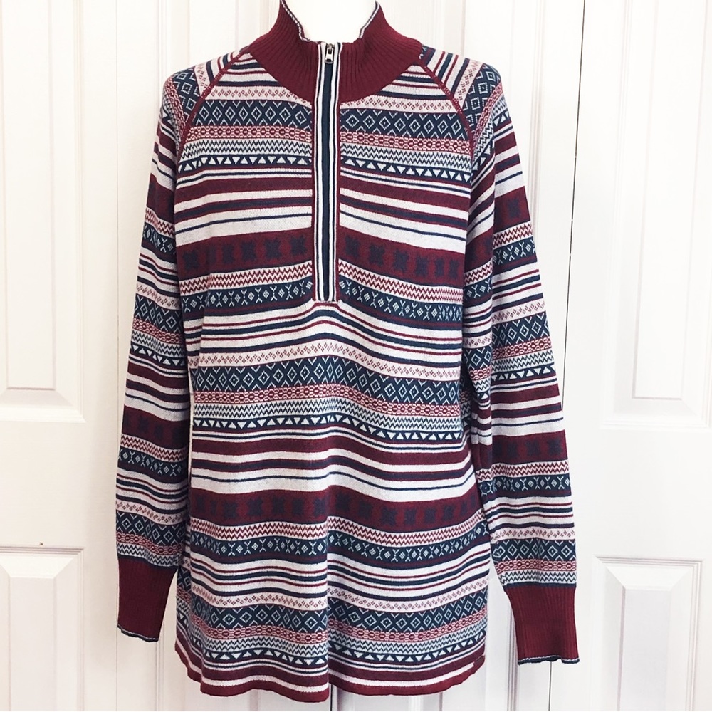 Eddie Bauer Maroon Multi Stripe Print 1/2 Zip Mockneck Sweater XL